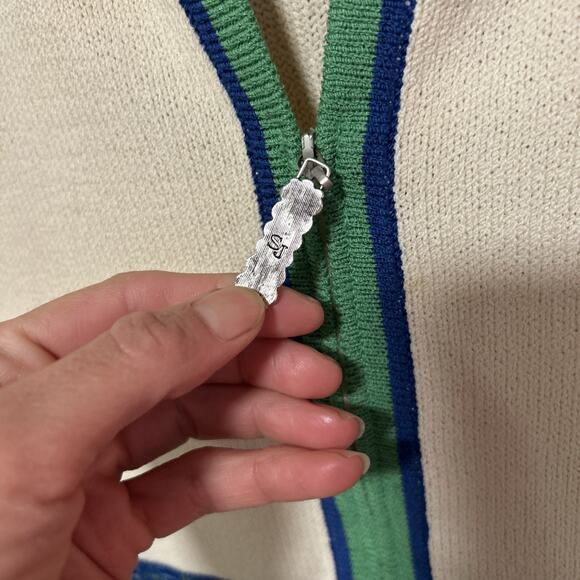 VTG St. John Sport Wool Rayon Zip Cardigan Green Blue Small Rivets Striped - Picture 6 of 9